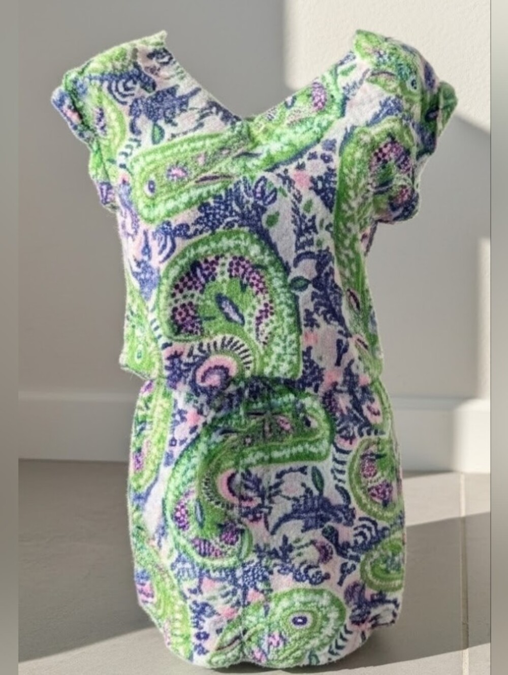 Tory Richards Cap Sleeve Silk Blousson-style V-neck Minidress Blue/Green/Pink 10